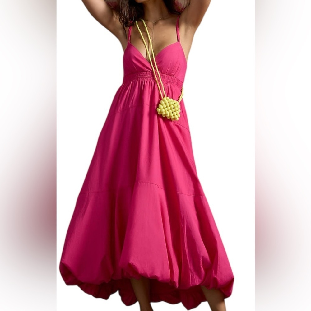 Anthropologie Bubble Maxi Dress Smocked Cut Off Back  in Barbie Pink XLarge